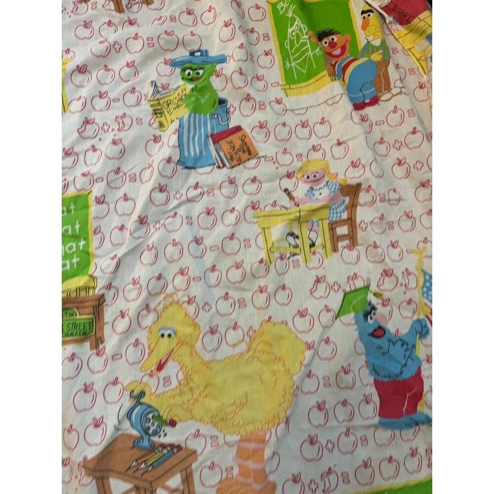 VTG Sesame Street Twin Fitted Sheet School Marlborough Apples Big Birds Oscar